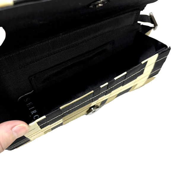 SEIRC Mini Shoulder Bag Clutch Purse Woven Ribbons Black Cream Taupe Chic Unique - Picture 9 of 10